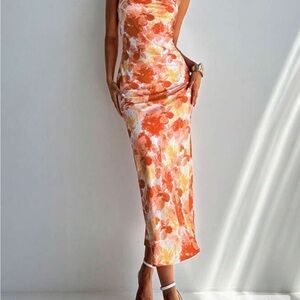 SHEIN Orange and White Floral Midi Dress